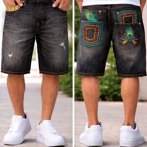 COOGI Dark Wash Black Embroidered Cotton Jean Shorts 36 NWT